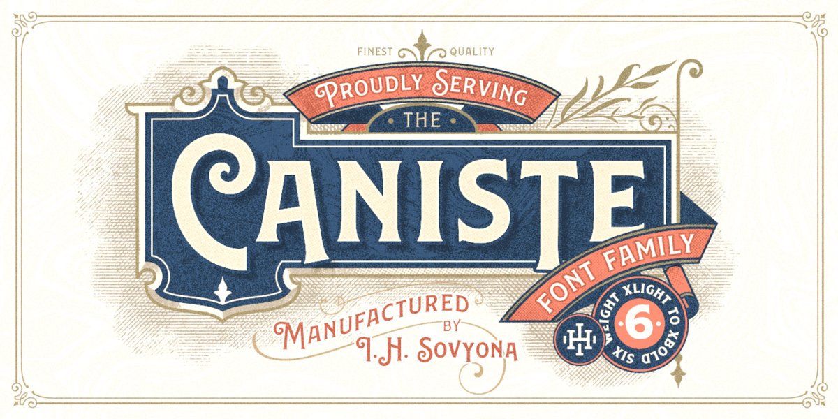 MyFonts's tweet photo. We are big fans of hand-letterer & designer .@ilhamherry, who writes that his 6-weight Caniste is “…inspired by antique ephemera, such as cigar box labels, that were common in the 19th century.” It’s 50% off during Type Through the Eras: https://t.co/U9UUsvnAaL #typeeras https://t.co/kyEI6LI99H
