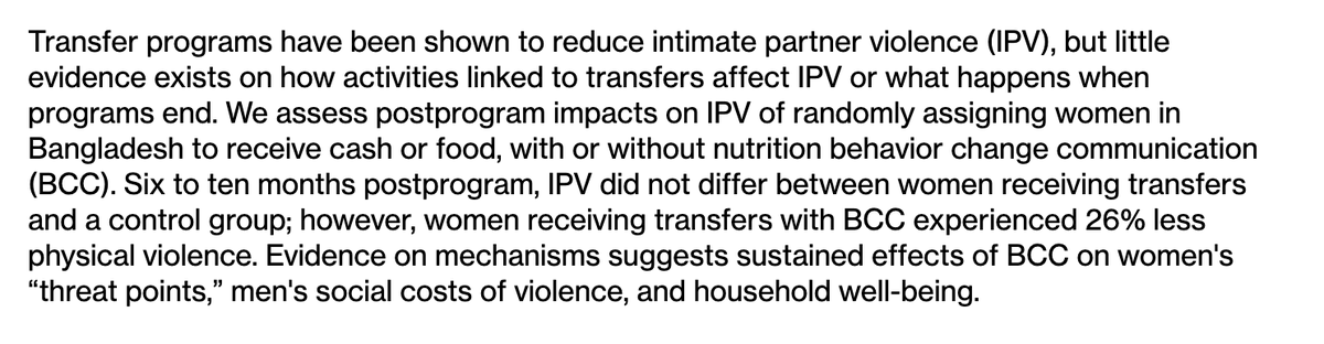Likewise for reducing domestic violence victimization: https://www.mitpressjournals.org/doi/full/10.1162/rest_a_00791