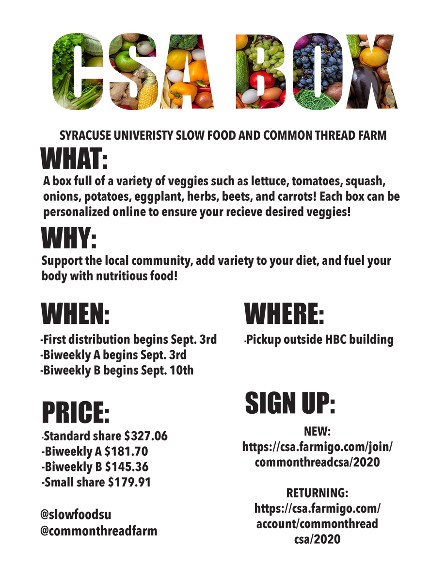 ESFStudents's tweet image. SU's Slow Food student club is doing a Fall 2020 program to let students sign up for CSA shares and get fresh local produce delivered weekly.
Learn more about Slow Food SU: facebook.com/slowfoodsu/
CSA signup: csa.farmigo.com/join/commonthr…
The farm: commonthreadcsa.com