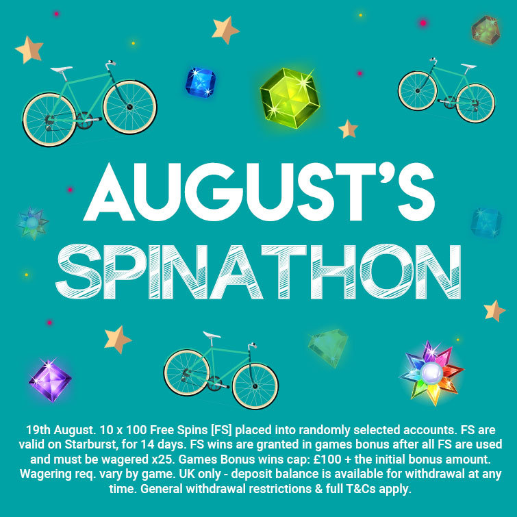BuckyBingo's tweet photo. 🚴 Bucky Bingo’s Spinathon is in full swing.

Every Wednesday in August we have a different slot spins offer.

This Wednesday, you could have 100 Starburst spins waiting for you!

10 players will be lucky enough to get some bonus spins.

T&amp;Cs Apply | 18+

https://t.co/R1iNb9ulGD https://t.co/wSv1FfZtAA
