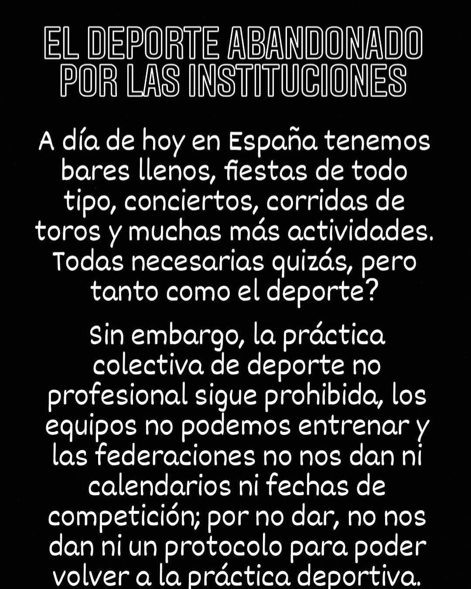 EL DEPORTE ABANDONADO POR LAS INSTITUCIONES .

VER GON ZO SO

No nos callemos, hagámonos oír y pidamos que el deporte colectivo vuelva.
El deporte es salud, son valores y es respeto. LO NECESITAMOS!!!

<a href="/rfef/">RFEF</a> <a href="/FFCM_es/">FFCM</a> <a href="/deportegob/">CSD</a> <a href="/deportesclm/">Deportes Castilla-La Mancha</a>