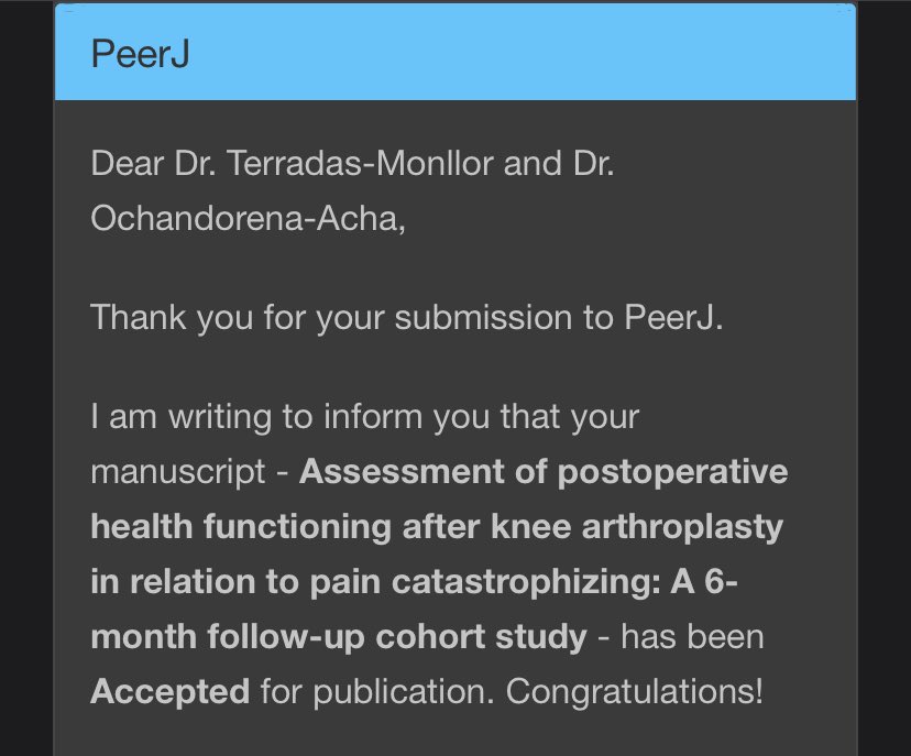 MTerradas10's tweet photo. Por fiin!😊Primer artículo de tesis aceptado en la revista de acceso abierto @thePeerJ - Assessment of postoperative health functioning after knee arthroplasty in relation to pain catastrophizing: A 6-month follow-up cohort study. @Miotat9 @ProfHectorBA @JulioSalinas8 @uvic_m3o https://t.co/iSdBXVTg1v