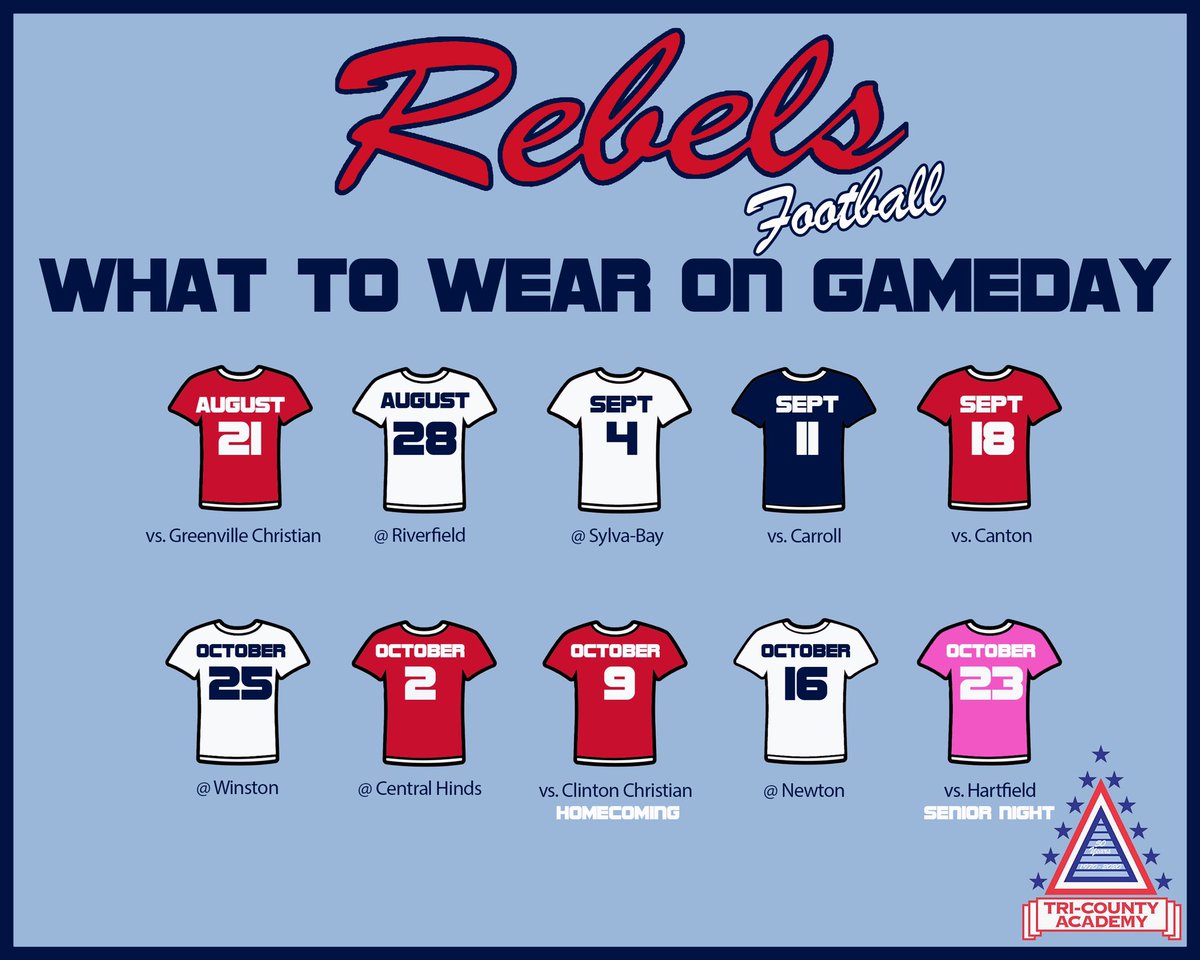 TriCountyAcad's tweet photo. 🏈 COUNTDOWN IS ON.... 3 more days! Support your Rebels by wearing these Game Day Colors each week. This Friday is RED!!! #TCAFamily #letsgorebels #tcafootball @tcafootball https://t.co/9JiuSxRn2N