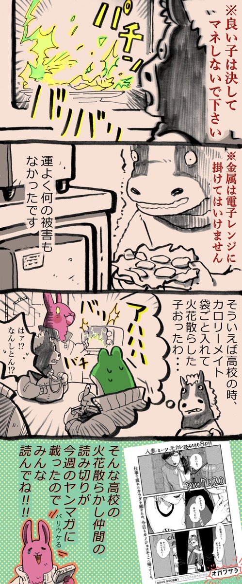 おうまの生活と見せかけて宣伝マンガです #pm7時20分 
電子レンジにアルミホイル入れちゃダメ絶対 