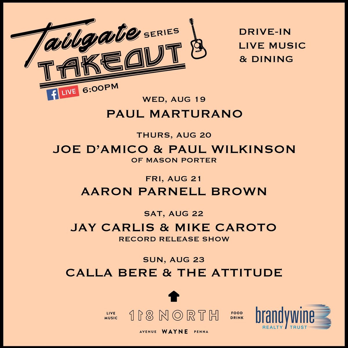 118_north's tweet photo. It's a perfect day for a #TailgateTakeout lineup announcement 🌞 Here's what's on deck:
8/19 - Paul Marturano
8/20 - Joe D'Amico &amp; Paul Wilkinson (of Mason Porter)
8/21 - Aaron Parnell Brown
8/22 - Jay Carlis (of The Barrel Fires) &amp; Mike Caroto
8/23 - @CallaBere &amp; The Attitude https://t.co/b9mGu4sno9