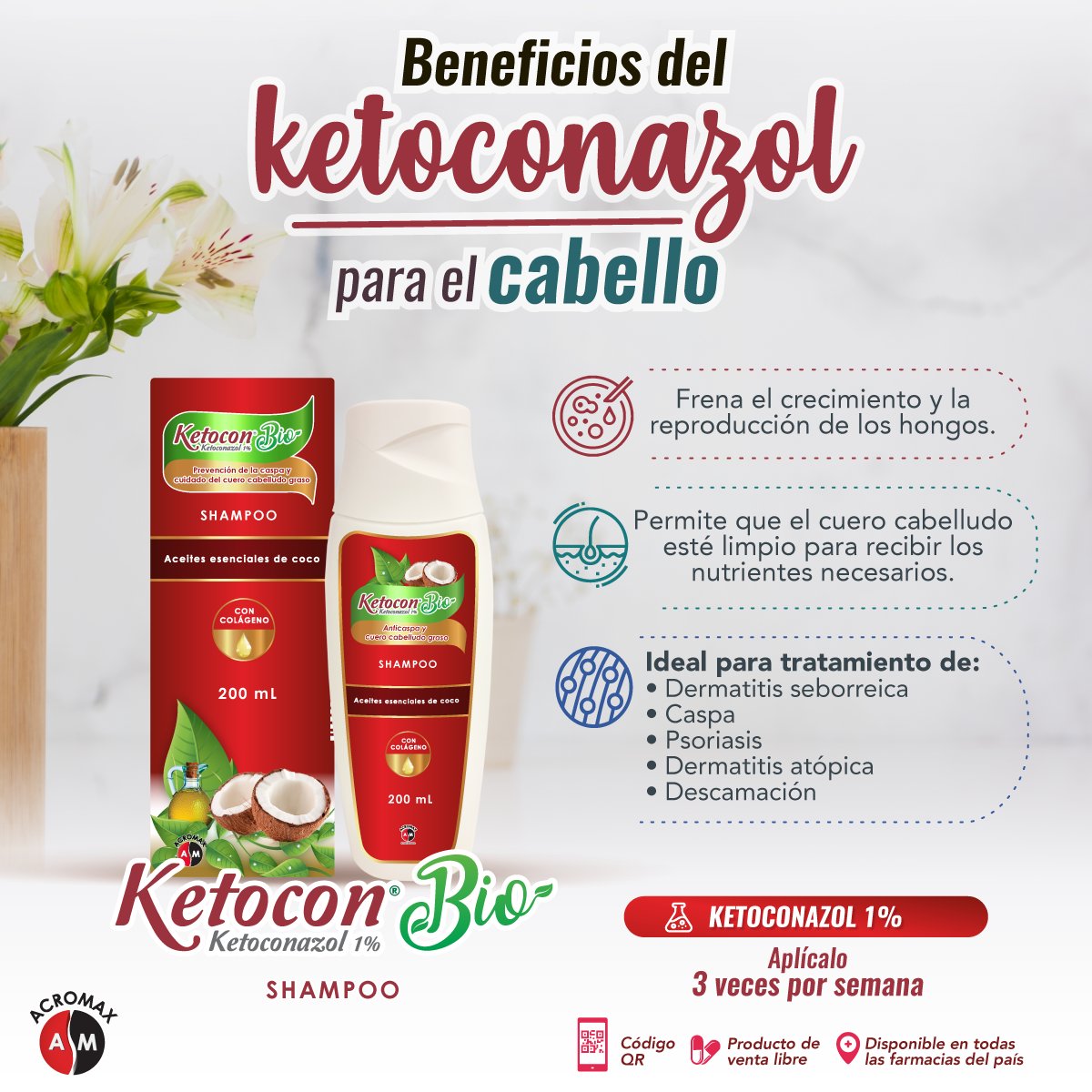AcromaxEcuador's tweet photo. Las células del cabello, tienden a morir y a ser reemplazadas por otras. Sin embargo, la caspa aparece por un hongo.
Ketocon Bio elimina la caspa, reduciendo los síntomas como:
💧Picor
💧Irritación
💧Descamación del cuero
#SuSaludNosMueve #KetoconBio #Caspa #Cabello #Salud https://t.co/CtcKqFoBVQ
