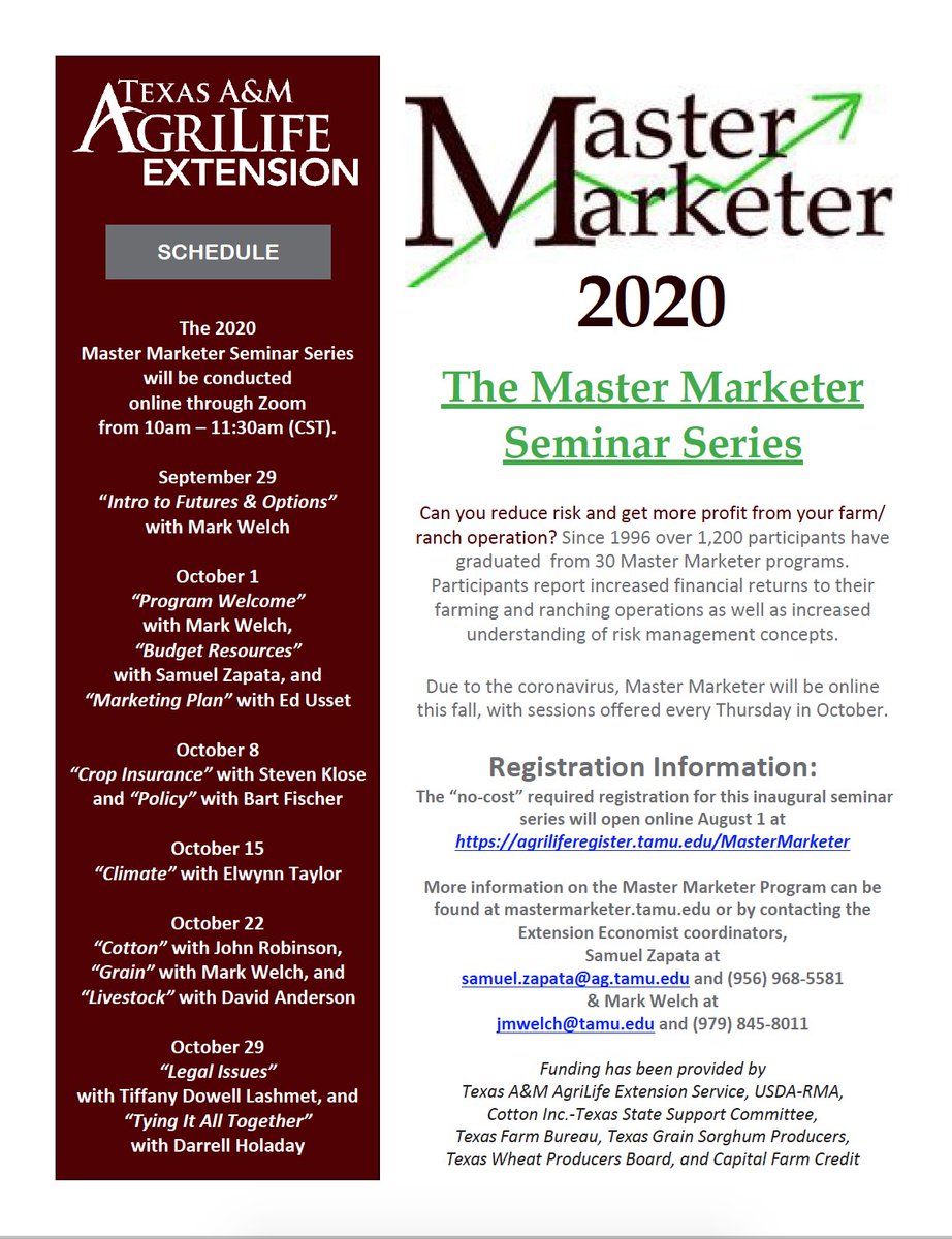 If you've ever attended an <a href="/txextension/">Texas A&M AgriLife Extension Service</a>  <a href="/AgEcoEXT/">Texas A&M Extension Agricultural Economics</a> Master Marketer Program you know how valuable the program is! This fall it will be available digitally for the first time in a seminar series hosted by <a href="/SZapataD12/">Samuel Zapata</a> and <a href="/JMWelch79/">Mark Welch</a>. Register at agriliferegister.tamu.edu/MasterMarketer #AgTwitter