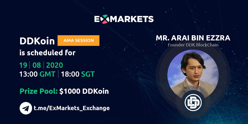 📢 #DDKoin will host #AMA Session tomorrow on ExMarkets Telegram Channel: t.me/ExMarkets_Exch…

Mr. Arai Bin Ezzra, Founder of #DDK Blockchain will carry the #AMAsession. 

The cherry on Top! There will be $1000 #DDKoin awarded for providing the best 20 questions! 
#CryptoNews