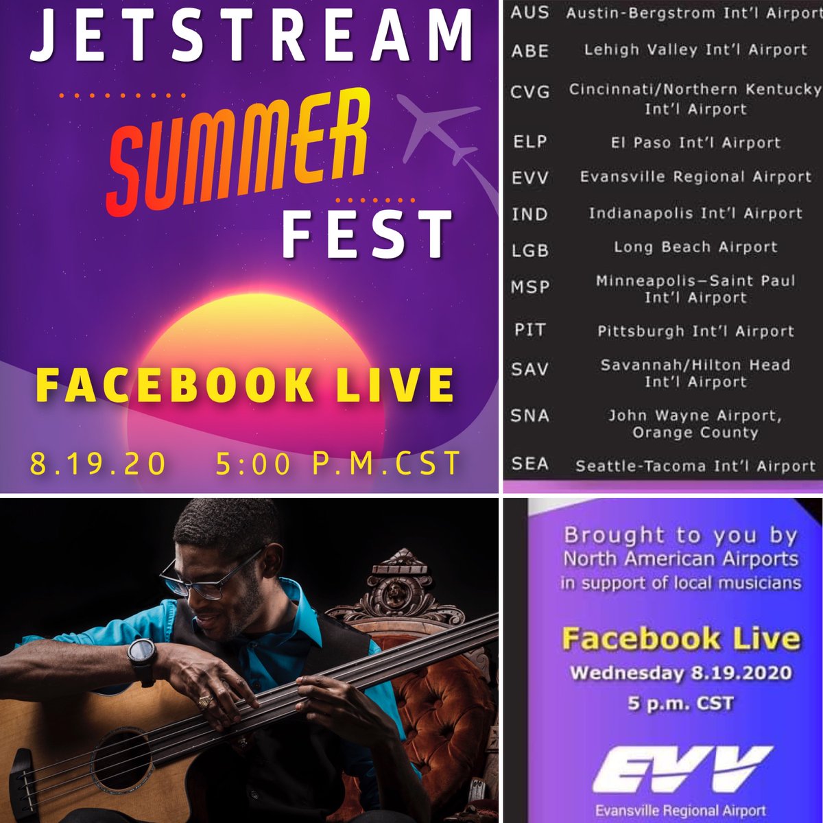 FlyEVV's tweet photo. Join us tomorrow at 5p CST on Facebook Live for #JetStreamFest! Local jazz musician @monteskelton will represent #FlyEVV and join other artists, including @kennyloggins. @AUStinAirport βοΈπΆ https://t.co/TErUHNQ8Zd