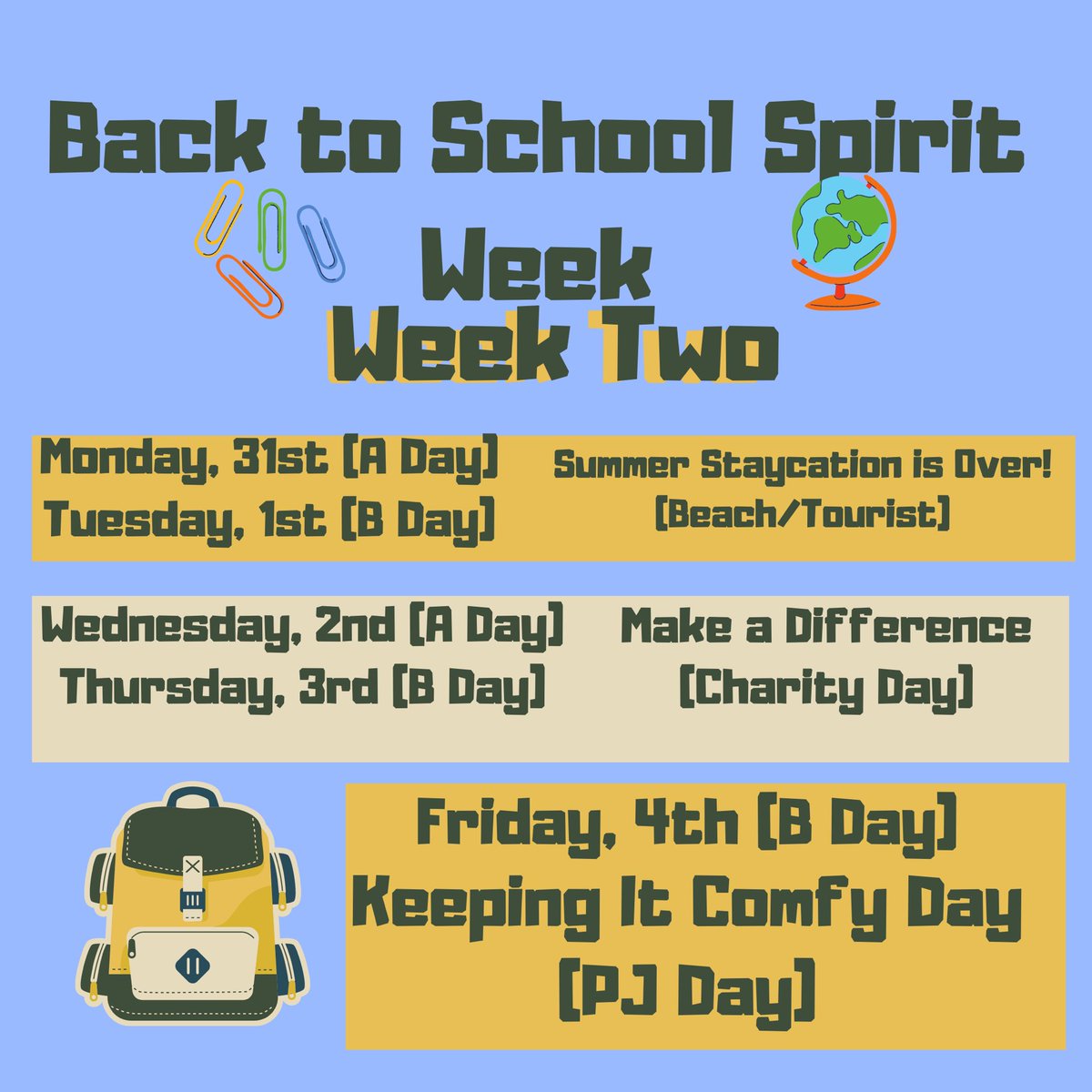 Welcome back South West!
Let’s show our spirit with a back to school spirit week!!!
Share pictures of your participation on your insta story and tag us to be featured on our story!