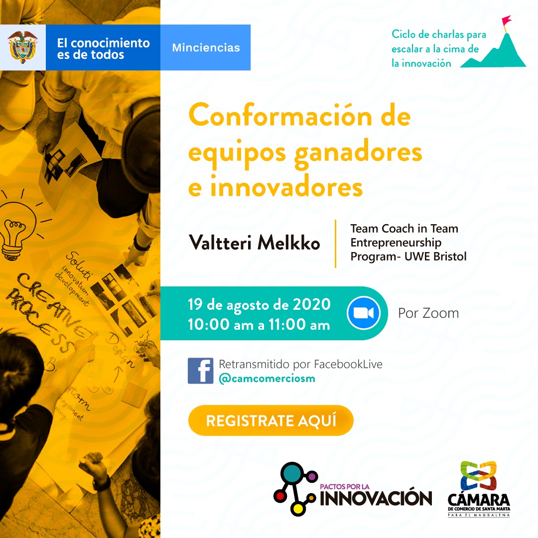 Empresario,

Mañana 19 de agosto estaremos con <a href="/ValtteriMelkko/">Valtteri Melkko</a> para conocer su metodología Tiimiakatemia® para convertirnos en miembros efectivos del equipo

Esta charla hace parte de #PactosporlaInnovación Estrategia que traemos al #Magdalena con <a href="/MincienciasCo/">MinCiencias Colombia</a>