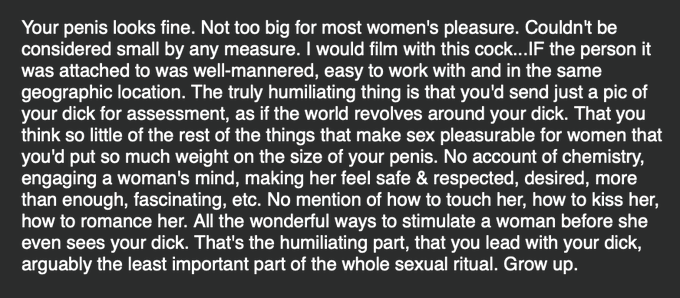 This is a dick assessment response PAID FOR by a fan. I think it applies to many of you. You're welcome