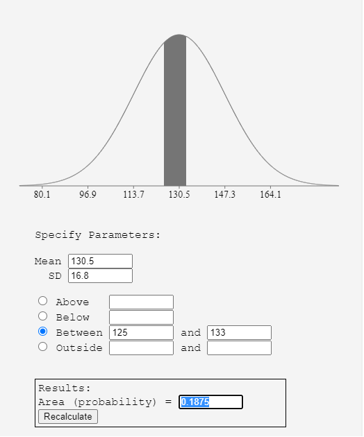 Assuming a normal distribution curve (which I think is a safe assumption) you have about a 19% chance of finding someone in Germany with a systolic blood pressure within this range.