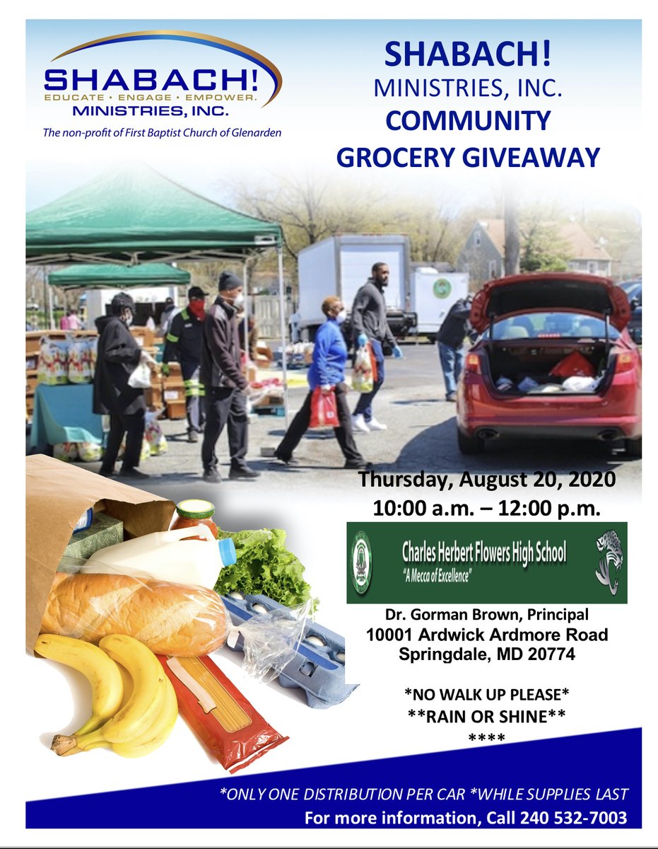 DodgeParkES's tweet photo. Grocery distribution. Thursday, August 20, from 10AM-12PM at Charles Flowers High School. Drive-up only (no walkers). One distribution per car, while supplies last.  Click the picture for more details. https://t.co/PA3rdOKsBl