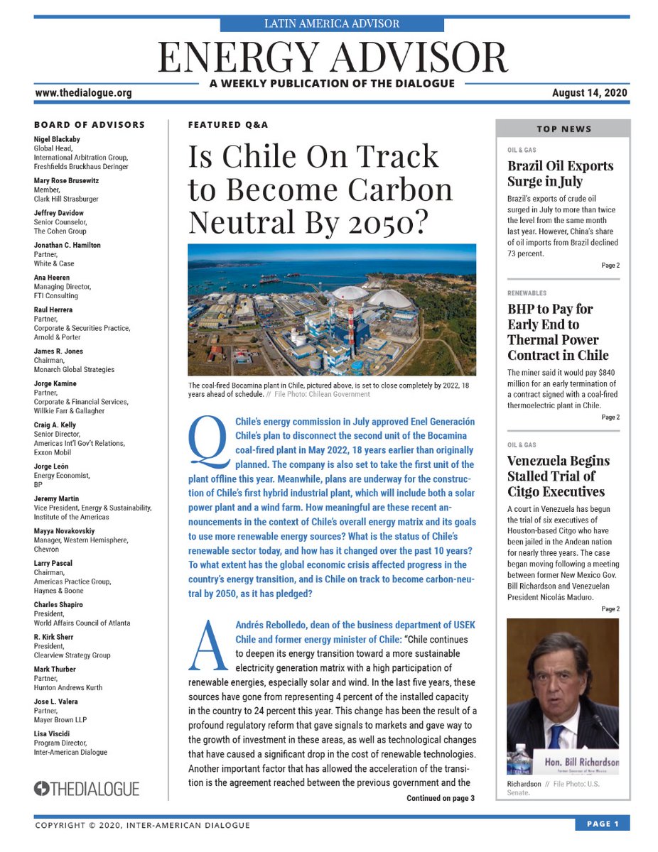 WEC_Chile's tweet photo. 🗞️#WECCHILE EN LA PRENSA | Hace poco @WEC_Chile apareció en #EnergyAdvisor de @The_Dialogue comentando el proceso de descarbonización de la matriz, en palabras de M. Trinidad Castro. Te dejamos la nota ¿Está Chile en camino de convertirse en carbono neutral para 2050? [en inglés] https://t.co/B705ACx18x