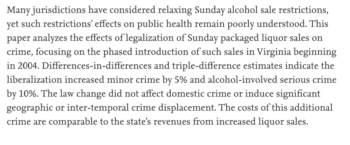 More evidence that restricting where/when alcohol can be sold reduces violent crime: https://www.sciencedirect.com/science/article/abs/pii/S0047272711001435?via%3Dihub