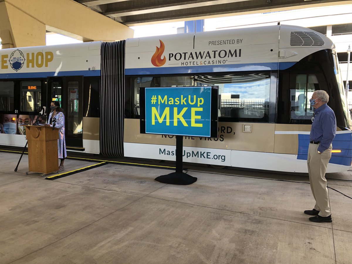 compujeramey's tweet photo. Milwaukee’s streetcar, @thehopmke, is now wearing a mask. “Spread the word, not the virus” says vehicle, sponsored by Mask Up MKE. https://t.co/TYnXI8EHSc