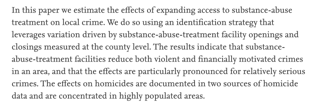 Relatedly, increasing access to substance abuse treatment can reduce violent crime  @jasonmlindo: https://www.sciencedirect.com/science/article/abs/pii/S009411901830007X