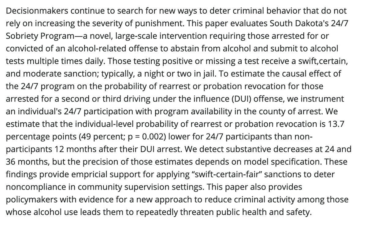 At the individual level, alcohol sobriety monitoring programs can reduce violent crime  @gregmidgette  @BeauKilmer : https://onlinelibrary.wiley.com/doi/abs/10.1002/pam.22217