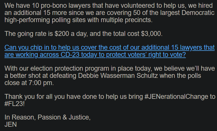 kaiowut99's tweet photo. Happy @JENFL23's making all the right moves to ensure election integrity in her #FL23 race w/ these lawyers; sent a good $27 her way to help w/ fees. They may make or break our shot at #JENerationalChange and ousting queen of entrenched corruption DWS: https://t.co/CQuHfWbv8V https://t.co/ledwHvCvNo