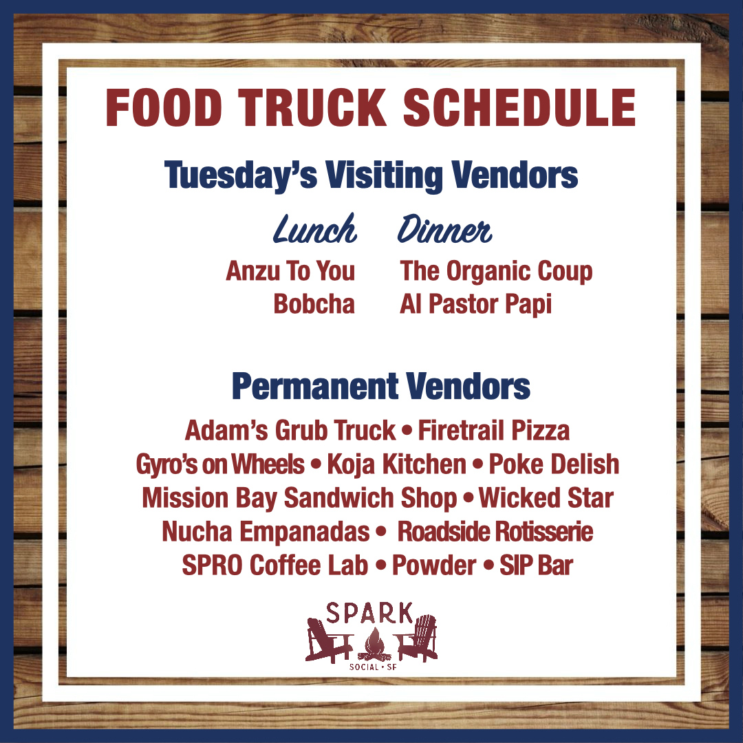 Pro tip: add magic sauce, kimchi, &amp; a fried egg! <a href="/bobchasf/">Korean BOBCHA</a> <a href="/anzutoyou/">anzutoyou</a> <a href="/TheOrganicCoup/">The Organic Coup</a> <a href="/AlPastorPapi415/">ALPASTORPAPI415</a> <a href="/adamsgrubtruck/">Adam's Grub Truck</a> <a href="/firetrailpizza/">FiretrailPizza</a> <a href="/gyrosonwheels7/">Gyros on Wheels</a> <a href="/KoJaKitchen/">KoJa Kitchen</a> <a href="/nuchaempanadas/">Nucha Empanadas</a> <a href="/pokedelish/">Poke Delish</a> <a href="/roadsidesf/">Roadside Rotisserie</a> <a href="/WickedStarSF/">Wicked Star</a> SPRO Coffee, Mission Bay Sandwich <a href="/PowShavedSnow/">Powder</a> &amp; Sip Bar 🍻