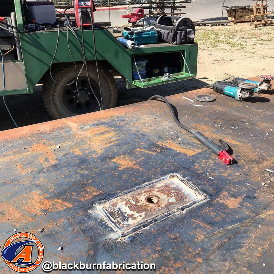 arczone's tweet photo. What would you do to remove the wrong thread size nut? @blackburnfabrication says, "No big deal. Cut it out and weld a plate in with my #transpocket180 then smooth everything out." Geez, this guy makes everything sound easy. I guess that's why he's a pro! https://t.co/7ICr3qQYA7