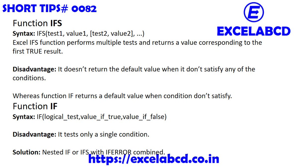 excelabcd's tweet image. Short Tips#0082: Advantage and Disadvantage of IF and IFS, solution #excel #excelonline #exceltips