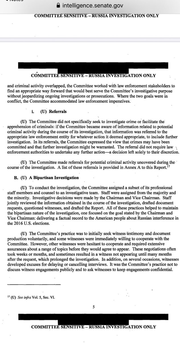 Where counterintelligence concerns and CRIMINAL activity overlapped, the Committee worked with law enforcement stakeholders to find an appropriate way forward that would best serve the Committee's investigative purpose without jeopardizing ONGOING INVESTIGATIONS OR PROSECUTIONS