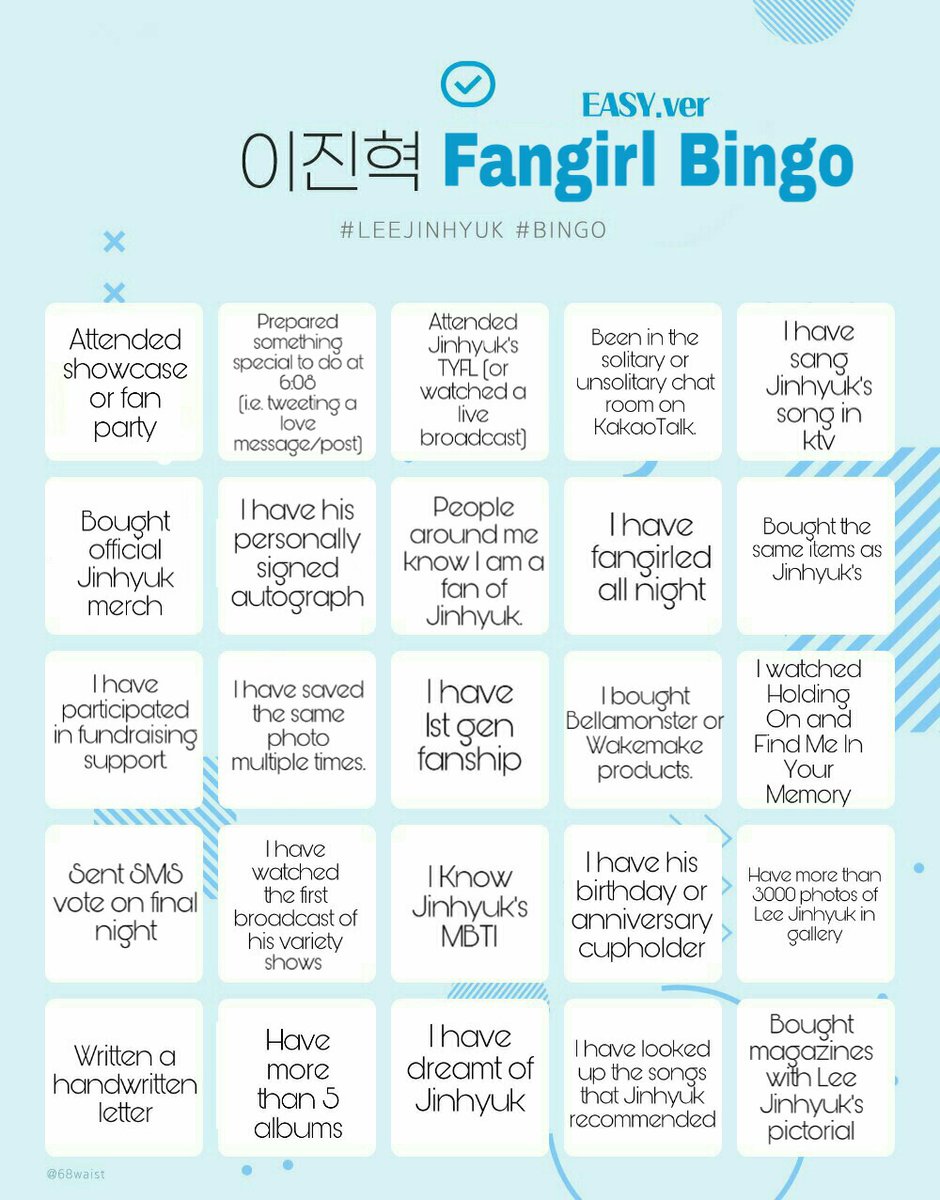 SupportJinhyuk's tweet photo. #SJTxSubs

Vdans~ let's try playing Lee Jinhyuk Fangirl Bingo!

Thank you @68waist for creating this!

#이진혁덕질빙고 #이진혁 #LEEJINHYUK 
#BINGO @LJH__official https://t.co/b82Rao8FIl