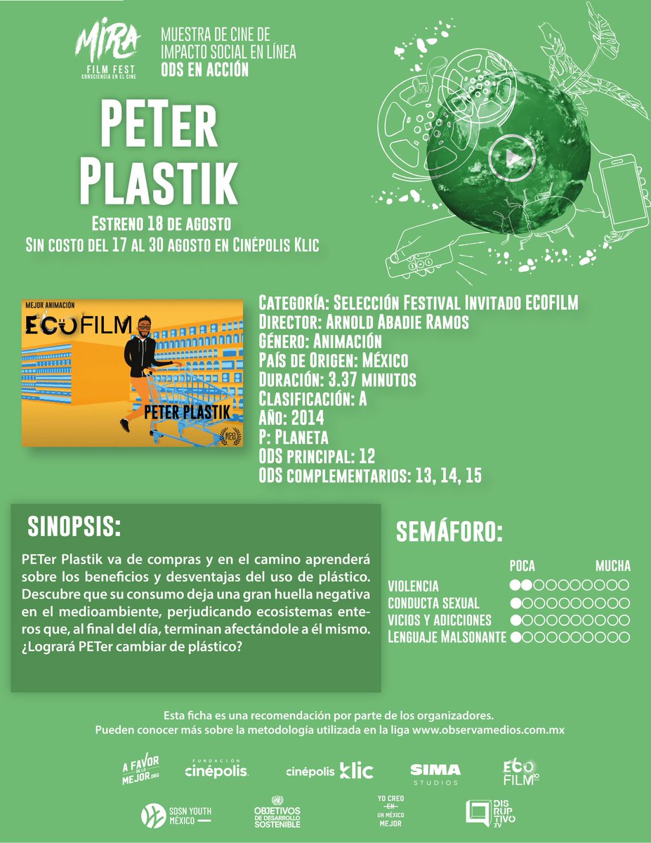 ONUMX's tweet image. #MiraFilmFest 
Estreno PETer Plastik. 
La muestra del Mira Film Fest esta disponible en la plataforma de Cinépolis Klic® de forma exclusiva, del 17 al 30 de agosto.
#OdsEnAcción
@CinepolisKLIC  @sdsnyouthmx  @EcofilmFestival @DisruptivoTV  @afavordelomejor @SIMAawards