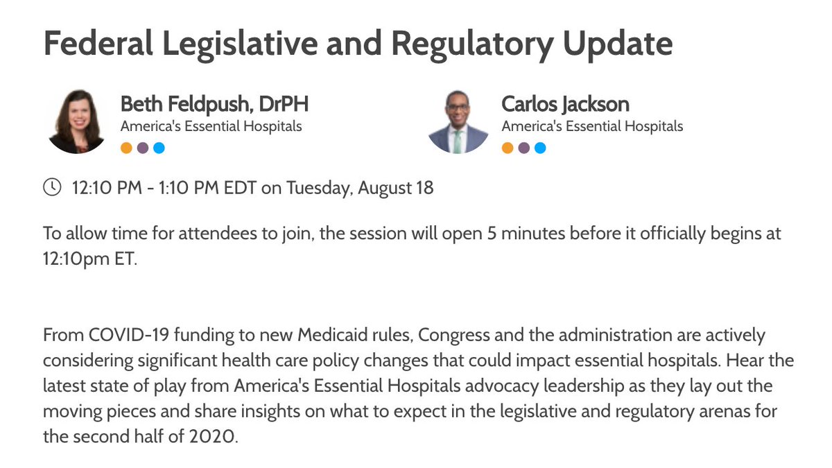OurHospitals's tweet photo. Live now at virtual #VITAL2020: A federal legislative and regulatory update from @bcfeldpush and @CarlosJAEH. From #COVID19 funding to #Medicaid rule changes and more. Hear what’s in store for the second half of 2020. https://t.co/wxDhkQ6My3