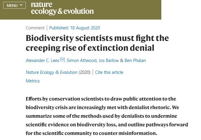 Denial of scientific evidence and rejection of scientific methods is increasingly pervasive - in a new paper, written with Simon Attwood,  @JosBarlow &  @benphalan and available here:  https://www.nature.com/articles/s41559-020-01285-z.pdf, we describe the creeping rise of  #ExtinctionDenial Thread 1/8 