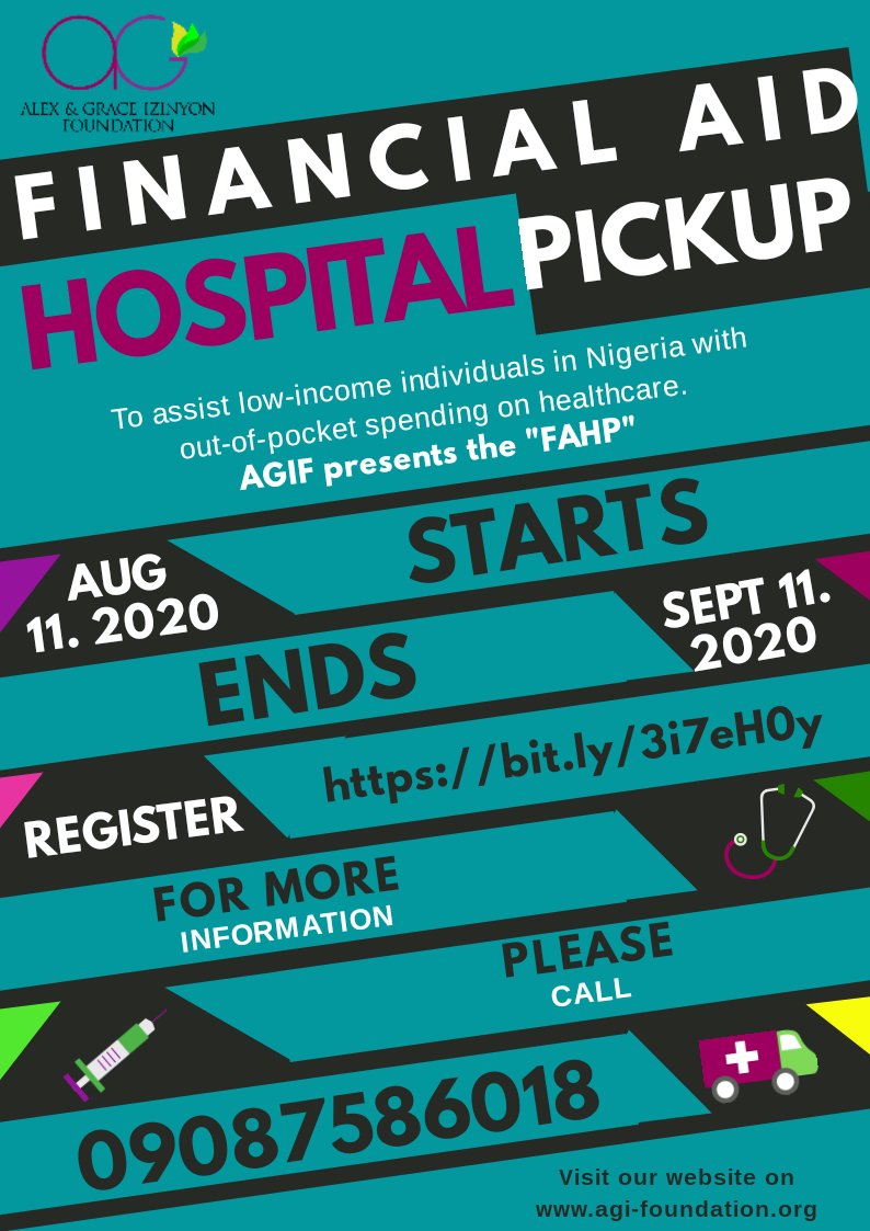 Do you know anyone who needs financial assistance and is in the hospital? Reach out to them by sharing this information with them.
#AGIF #AbujaNGO #NonProfit #Education #Health #Youthempowerment #PovertyAlleviation #Financialaid #Hospitalproject #Hospitalpickup #FAHP