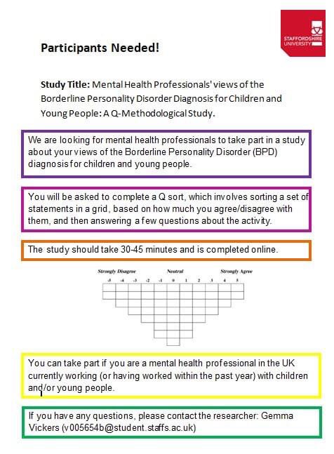 I'm recruiting for my DClinPsy research! Info in the ad attached.

To take part, please follow the link on laptop or PC: staffordshire.eu.qualtrics.com/jfe/form/SV_6l…

Participation would be very much appreciated, and please feel free to share the advert.

Thank you :) #camhs #bpd #mentalhealth