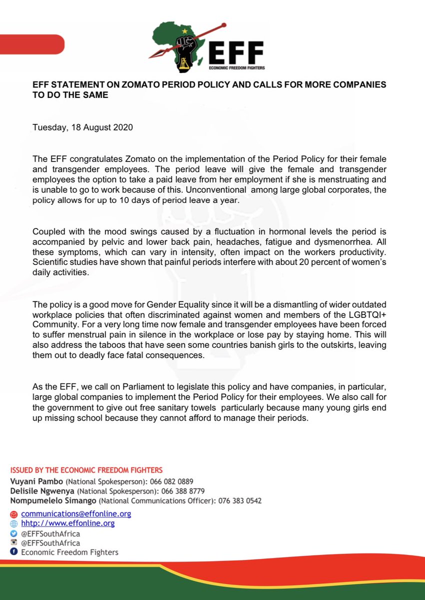 EFFSouthAfrica's tweet photo. EFF Statement on Zomato Period Policy and Calls For More Companies To Do The Same https://t.co/XI36PTKFrH