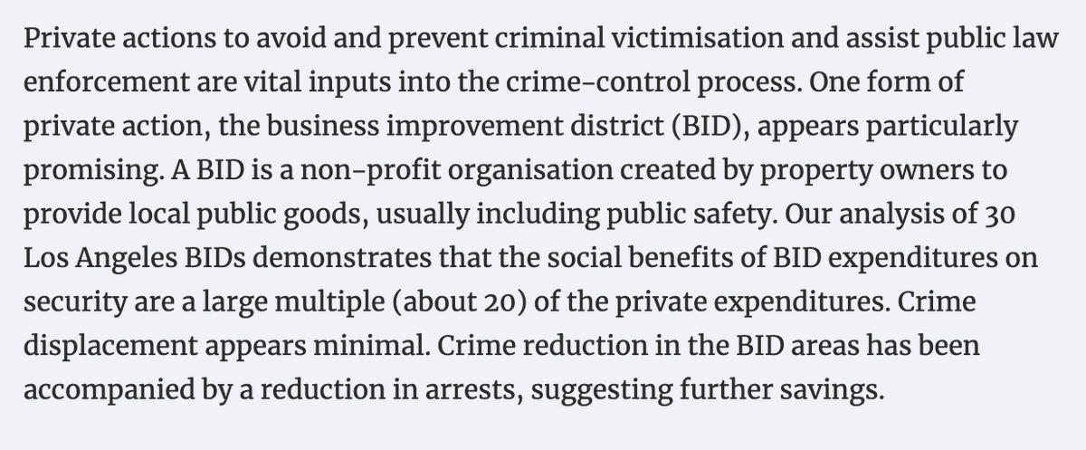 What else? Business improvement districts can reduce violent crime: https://academic.oup.com/ej/article-abstract/121/552/445/5079804
