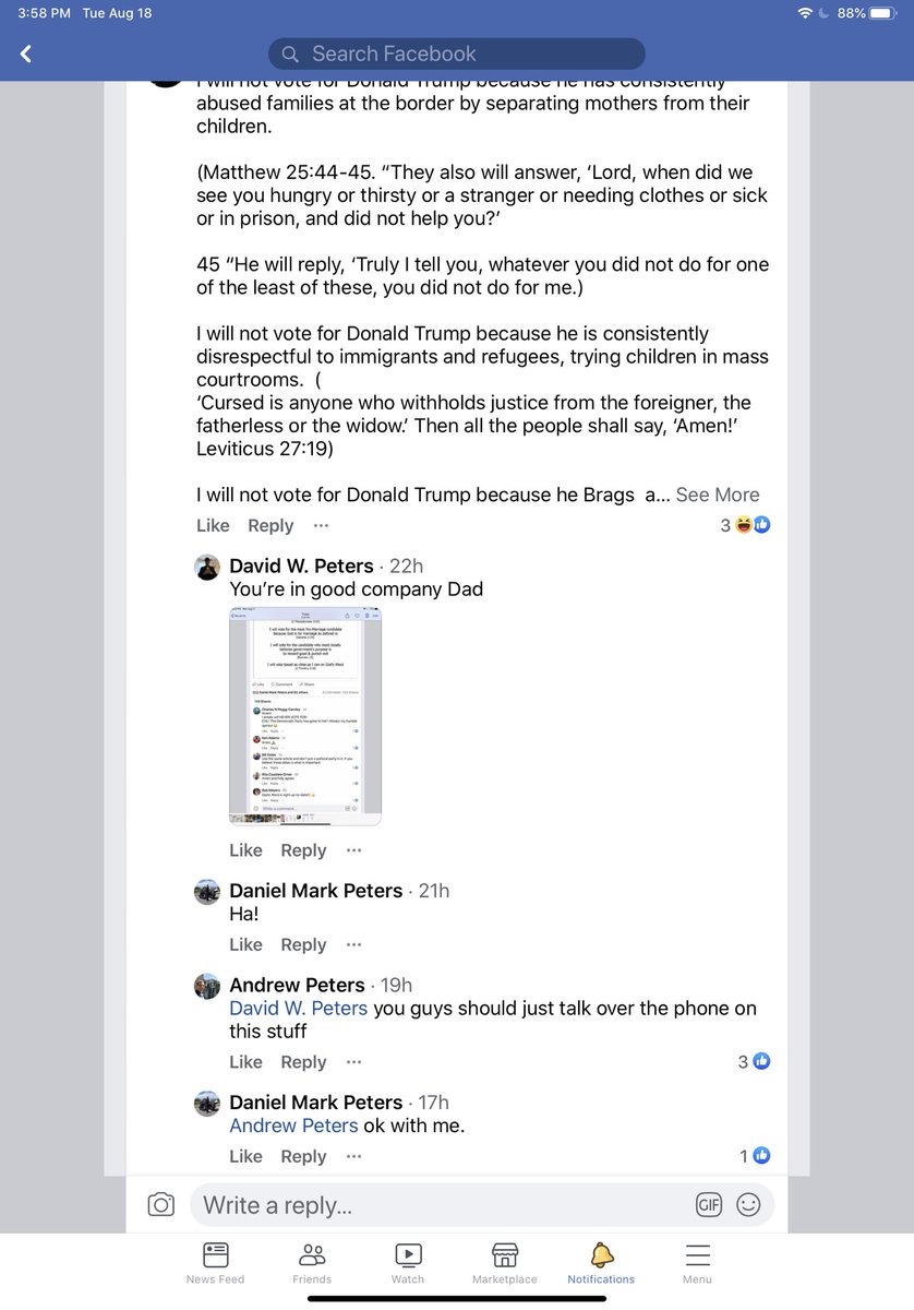 He replied that I was correct and the meme was correct also so who should he vote for? Then he deleted that. I shared a screenshot that had the elder that tried to get him fired (and who cheated on, then prob murdered his wife)