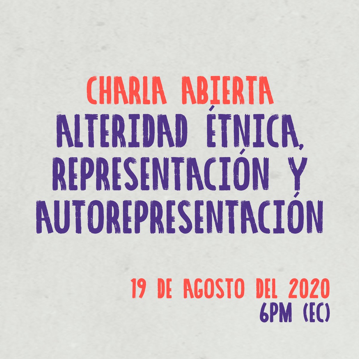 Mañana 6PM (EC) CHARLA ABIERTA Alteridad Etnica, representación y, autorrepresentación " Via Facebook Live y Zoom! 
* TENEMOS INTERPRETACIÓN EN LENGUA DE SEÑAS EN VIVO *
➡️Inscripción:
zoom.us/webinar/regist…