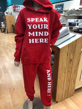Check out our new mannequin we have at Copy Works .   Our t-shirt site on facebook is speakyourmind.   You need your picture or words on a tshirt, hoodies, jackets, koozie, mugs etc, think Copy Works.  #customdesign #tshirts #hoodies  #printings #coop #businesscards #banners