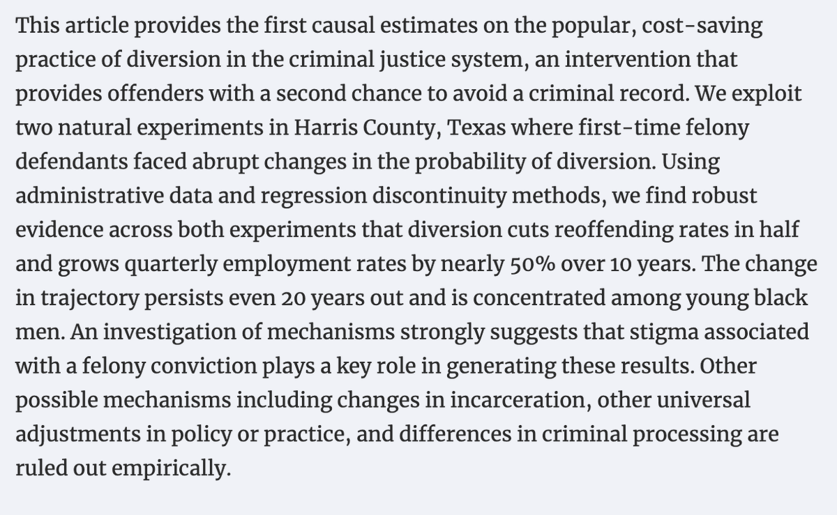 Criminal justice reform can reduce violent crime.E.g., providing alternatives to felony prosecution reduces later convictions for violent crime  @Econ_Mike  @KSchnepel: https://academic.oup.com/restud/advance-article-abstract/doi/10.1093/restud/rdaa030/5856753