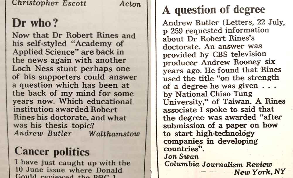 Rines became a little controversial later in the  #LochNess story, since some investigators looked into his background and found that he didn’t have the scientific history or credentials he said or implied he did, nor had he followed a conventional scientific career....