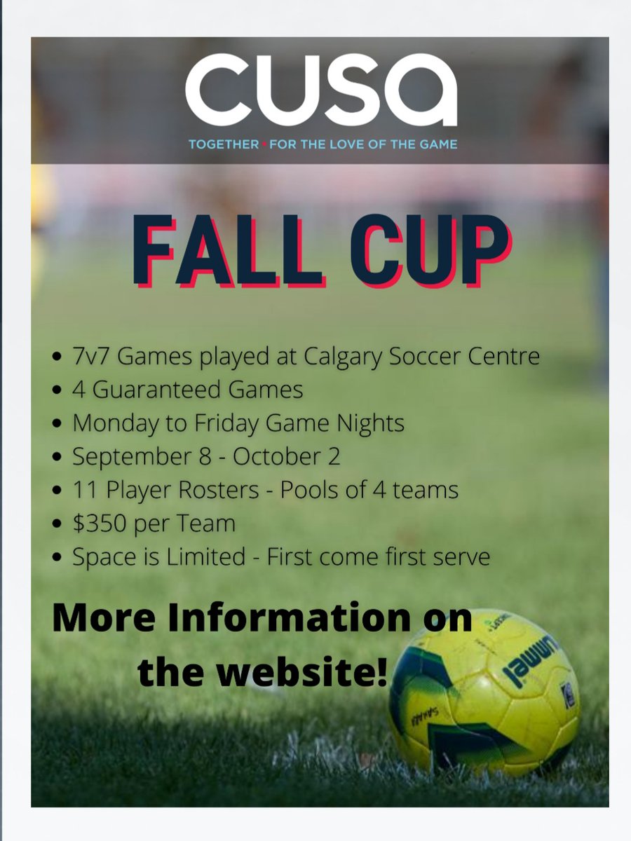 ⚽️Thanks to the teams who have registered already!! ⚽️
Some new groups have formed, and that is great to see.
Register your team as space is limited.
Find out more here: cusa.ab.ca/content/Fall-C…
#lovethegameyyc #cusayyc #fallfooty #socceryyc #yycsport #calgarysport #yyc