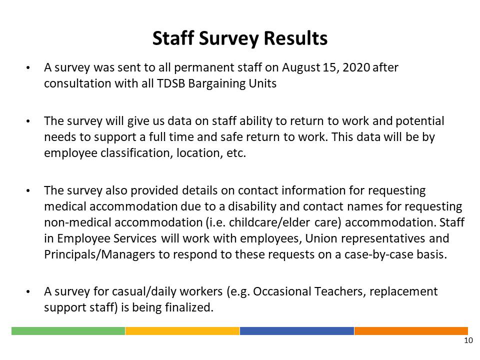 Staff survey is launched through ServiceNow - we have about 1/3rd of  @tdsb permanent staff responding during first day - 97% plan to return to work - 15% require accommodations and are having discussions with Employee Services - will help us plan - occasional staff survey next
