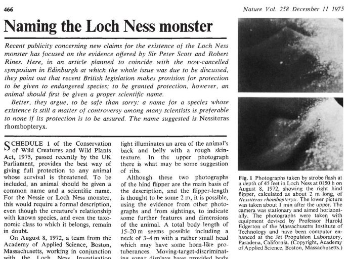 And the flipper photos proved integral to Scott and Rines’ case of 1975 – published in Nature, no less – that  #Nessie was real, was a valid species which warranted conservation interest, and was deserving of a technical binomial name: Nessiteras rhombopteryx Scott & Rines, 1975.