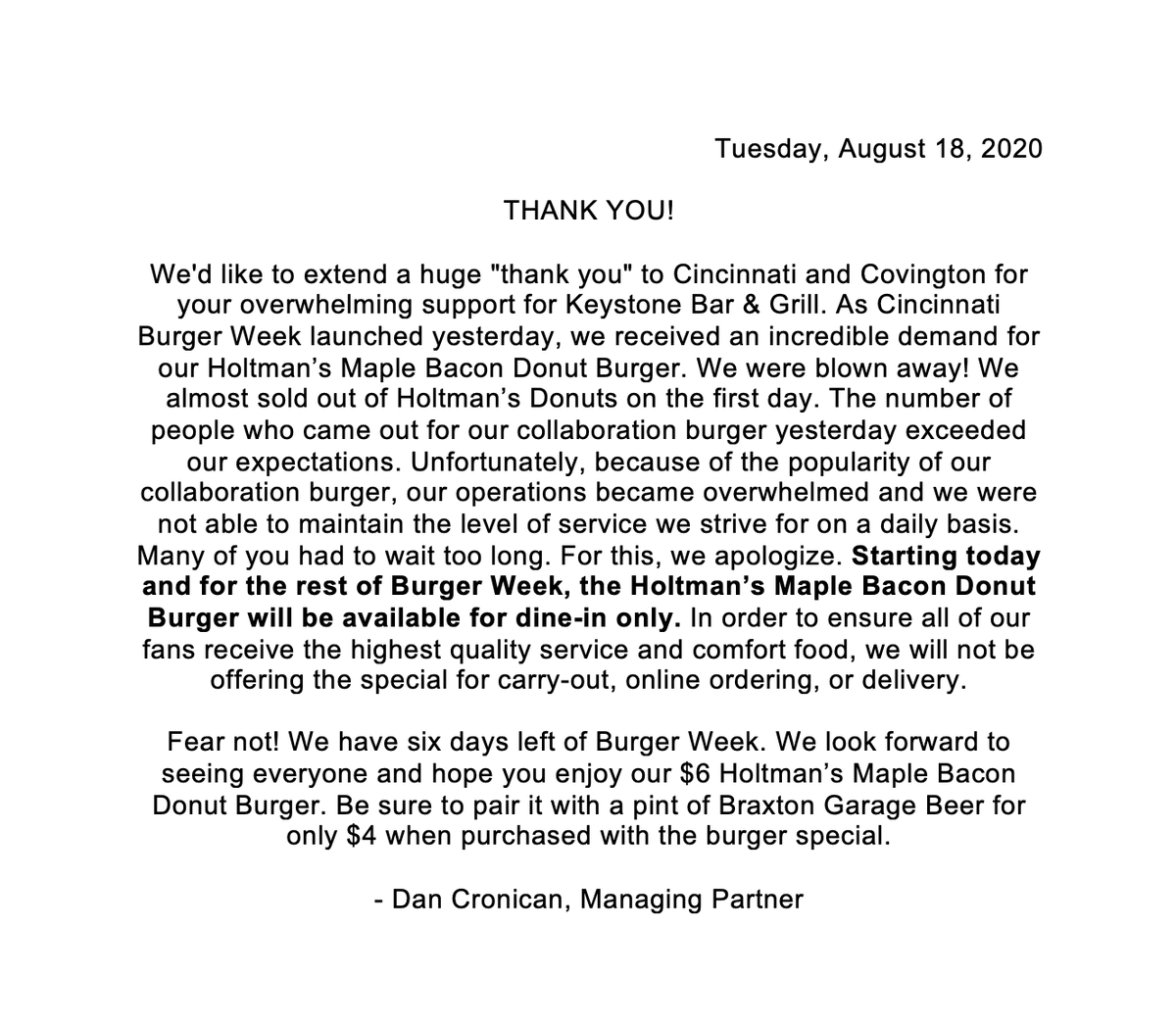 View a message from Keystone Bar &amp; Grill's Managing Partner, Dan Cronican, regarding Cincinnati Burger Week.