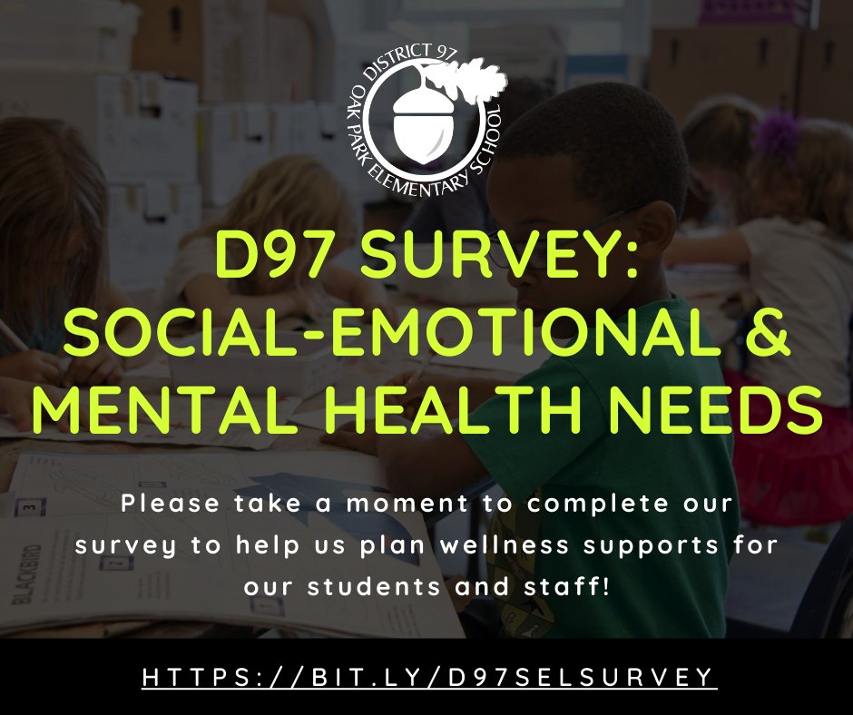 D97 is continuing to prioritize social-emotional/mental health needs of students, staff and families. Please complete our brief survey to help us understand your needs and ensure the availability of appropriate resources/supports! Survey will close 8/24 bit.ly/D97SELSurvey