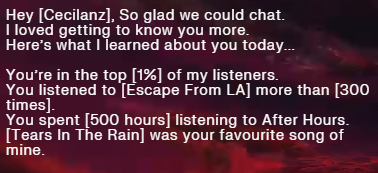 Lanzs_'s tweet photo. @theweeknd @Spotify Escape From LA --> 300+ times
After Hours --> 500+ Hours.
That's a lot. XO https://t.co/FFbOHLhSzY