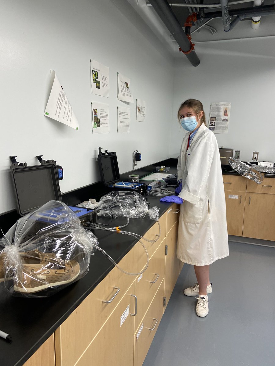 nicofaraone's tweet photo. VOC collection training by our lab manager Wendy @HillierLab and student Vincent @vinc726! Let’s see how much ticks will like our smelly shoes! @AcadiaChemistry @AcadiaU #tickresearch @KirkHillier https://t.co/R8k9mrVfjx