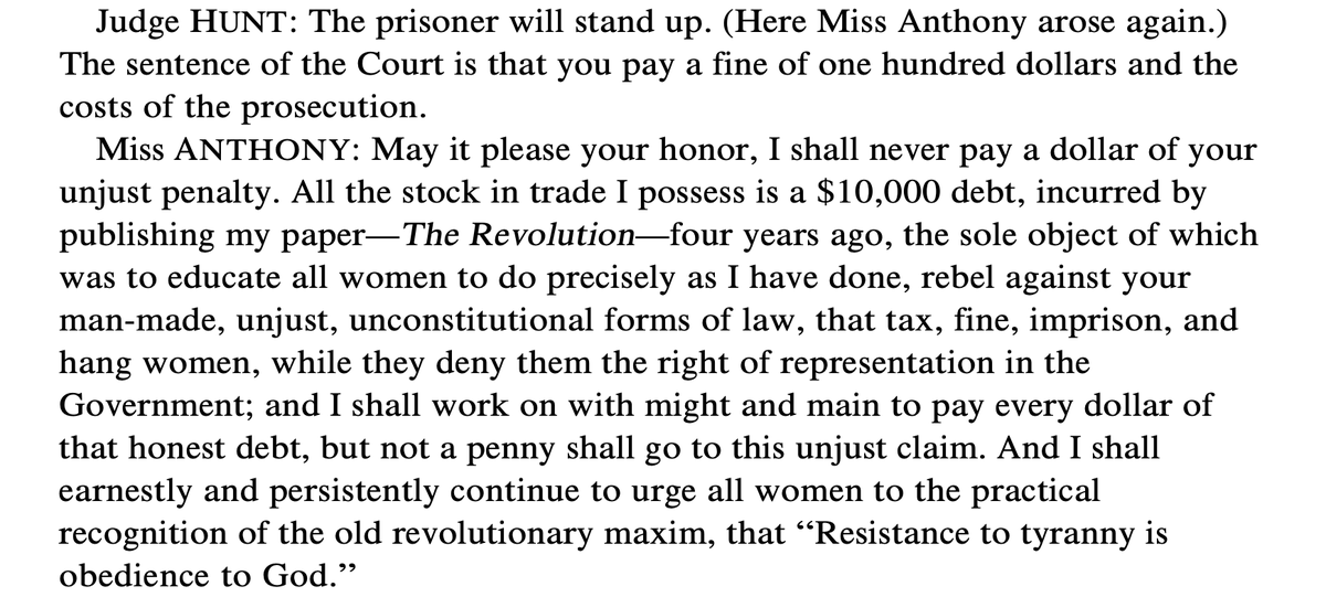 ...and if there is any lingering doubt, remember this: Anthony was fined $100, which would have ended this for her. She refused. "Not a penny will go to this unjust claim"Perhaps if ANYONE in the  @WhiteHouse knew basic history, they stop insulting those far greater than they.