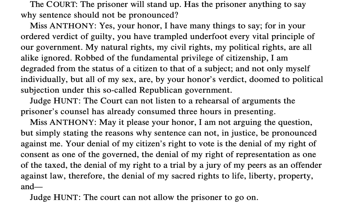Trump & his  @WhiteHouse idiots who have no knowledge of history engaged in a grotesque insult by "pardoning" Susan B. Anthony. Such a pardon contains in it an acceptance of guilt. Were she alive, Anthony would refuse it.Let's read the words from her sentencing, starting here: